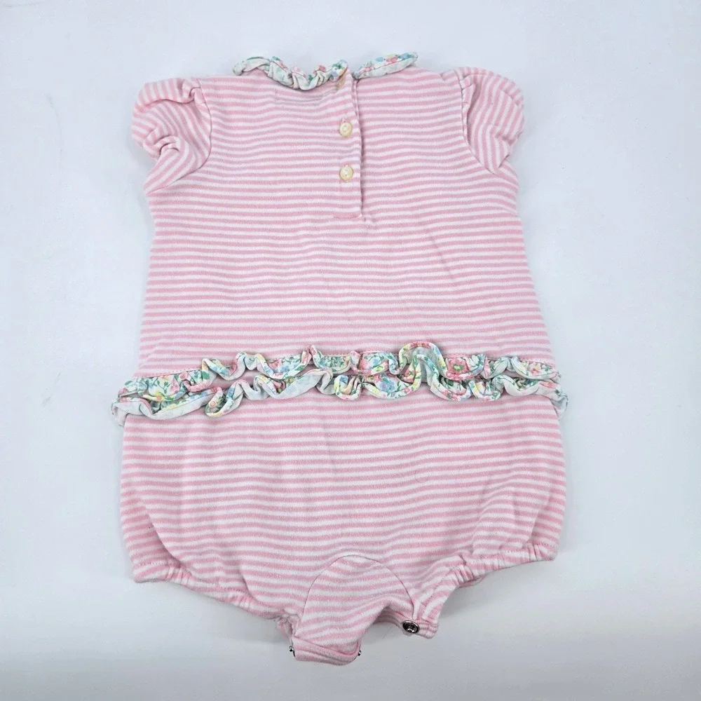 Polo Ralph Lauren Baby Girl‎ Pink White Striped Floral Ruffle Bubble Romper 6M